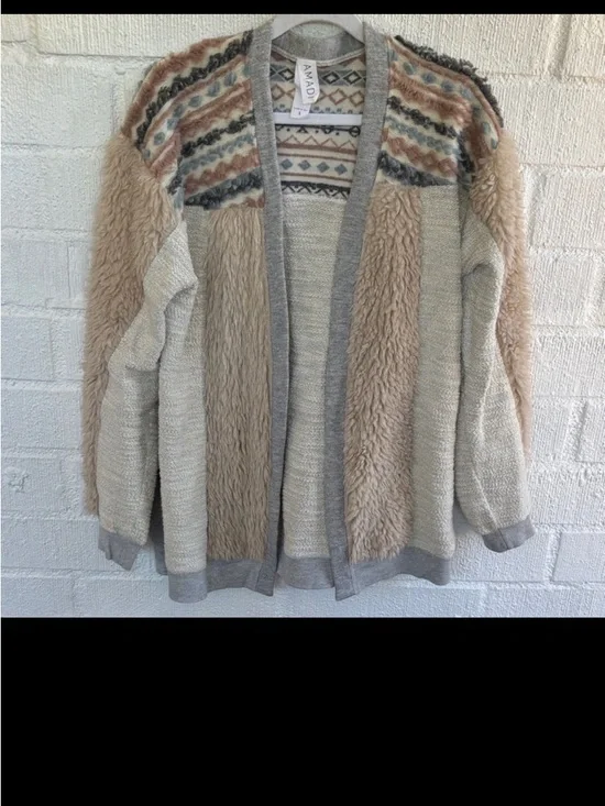 Anthropologie Amadi Textured Sherpa Cream and Tan Sherpa-Detail Cardigan sz S - Picture 3 of 8